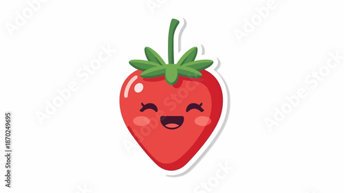 A cute and happy cartoon strawberry with a smiling face and rosy cheeks on a white background.