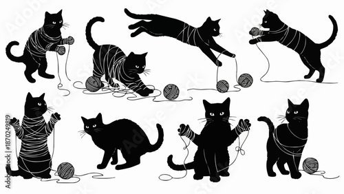 Collection of black cats playing with yarn balls in various poses.