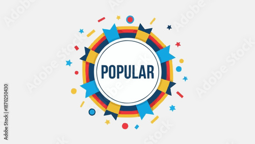 Popular word in a circular frame with stars and confetti.