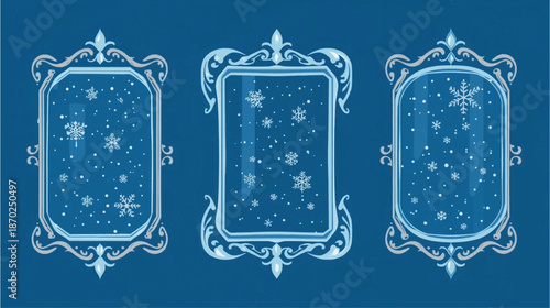 Three ornate blue frames with intricate designs and falling snowflakes on a dark background, depicting a winter scene.