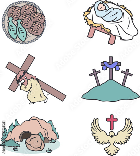 Biblical Story Vector Nativity Cross Resurrection. Perfect for Christian education, church materials, Bible lessons, religious content, posters, books, apps, and faith-based designs