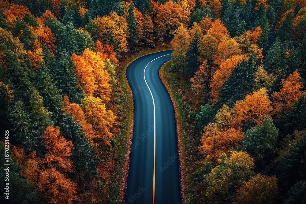 Fototapeta premium aerial view of a winding dark asphalt road cutting through a dense autumn forest of vibrant orange and green trees, evoking peaceful serene solitude