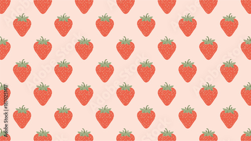 A charming seamless pattern featuring rows of ripe red strawberries with green tops on a soft pastel pink background, creating a sweet and repetitive design.