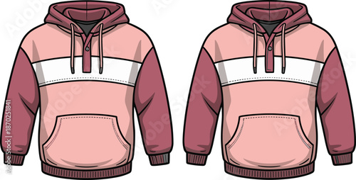 Color block hoodie sweatshirt vector illustration showing front view casual streetwear apparel mockup design for fashion branding and clothing presentation