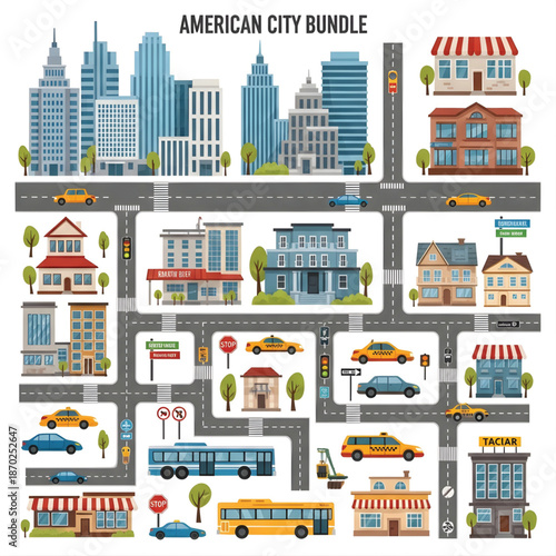 Vibrant American city bundle illustration with diverse buildings, roads, cars, buses, and urban infrastructure elements.