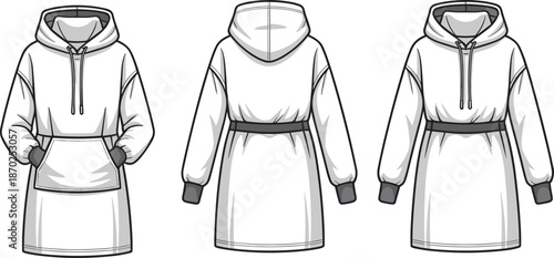 Hooded sweatshirt dress vector illustration with belt showing front back and side views modern casual fashion technical flat design apparel