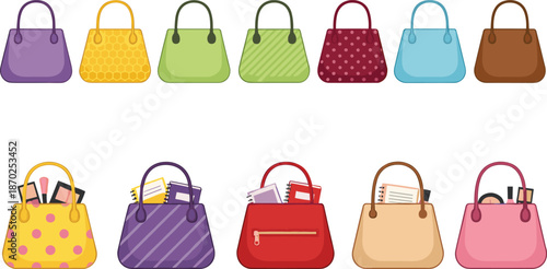 Assorted Women's Handbags and Purses Illustration Set with Personal ItemsAssorted Women's Handbags and Purses Illustration Set with Personal Items