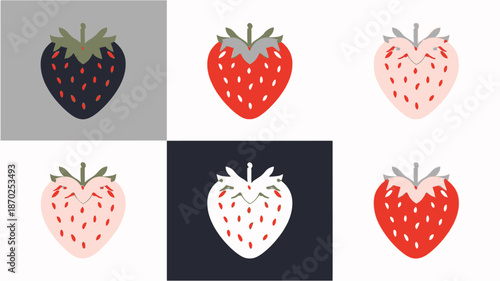 Six minimalist strawberry illustrations in various colors and backgrounds, showcasing different styles and palettes for graphic design.