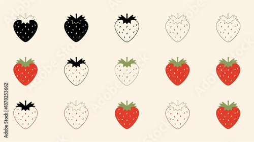 A grid of fifteen strawberry icons in various styles, including solid red, black, and outline versions with different color fills and tops, against a light background.