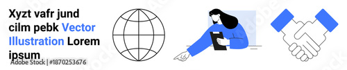 Collaboration, communication, teamwork, global networking, online education, business agreements. handshake, globe and professional pointing at a document. Collaboration and communication concept