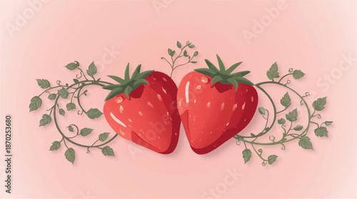 Two heart-shaped strawberries nestled together with green vines on a soft pink background, symbolizing love and natural beauty.