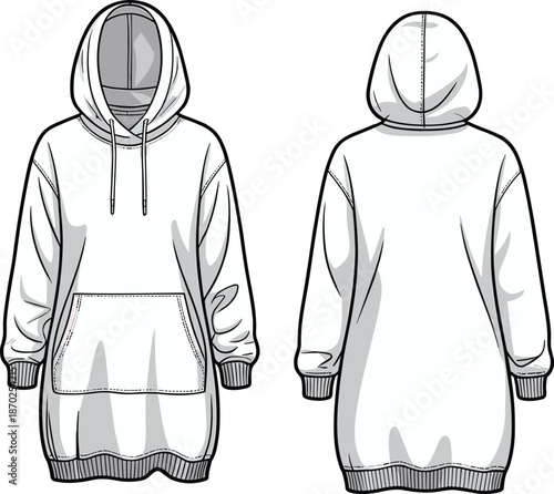 Hooded sweatshirt dress vector illustration with drawstring showing front and back views casual streetwear apparel technical flat design