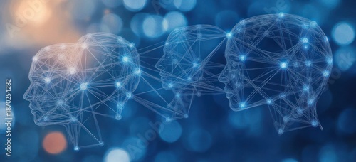 Three interconnected wireframe human heads glowing with blue nodes and lines, symbolizing communication and data exchange over a blurred background