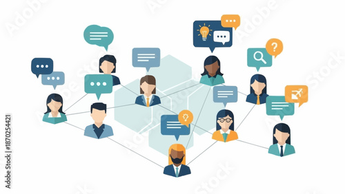 Diverse group of people connected in a network with speech bubbles.