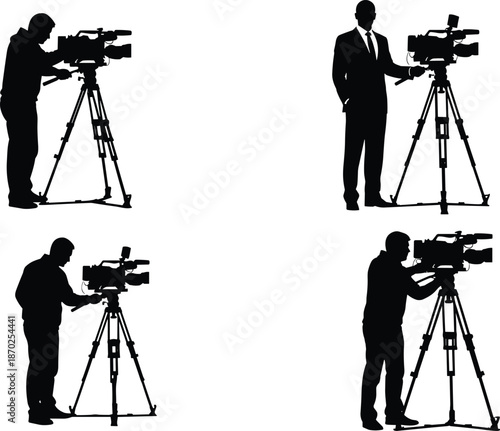 Video cameraman silhouettes filming with professional camera on tripod isolated on white background television media production vector illustration set