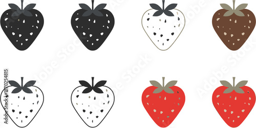 A collection of eight strawberry icons in various colors including black, white, brown, and red, with different seed and stem details, presented on a white background.