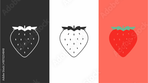 Three minimalist vector illustrations of strawberries in different styles and colors on contrasting backgrounds.