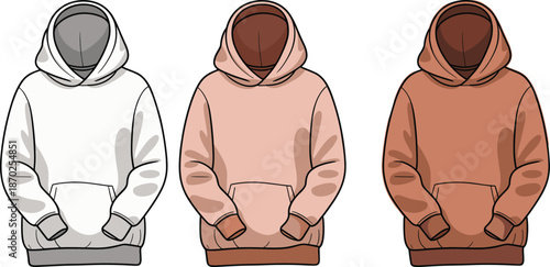 Hooded sweatshirt vector illustration set with neutral color variations modern casual streetwear apparel flat design isolated mockup collection fashion template