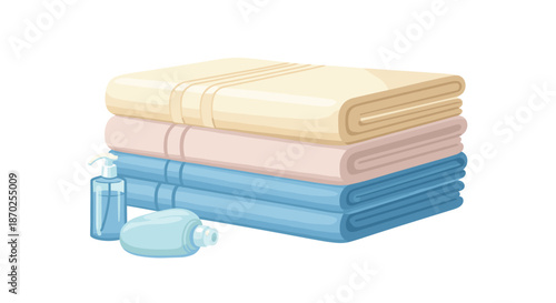 A neat stack of clean, folded bath towels in pastel colors with bottles of soap and lotion for a spa or bathroom setting.