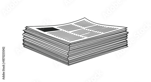 Simple black and white line drawing illustration of a thick stack of folded newspapers, representing news, media, and information.