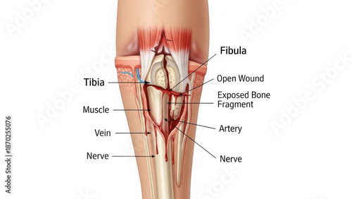 human leg anatomy with labeled parts and open wound