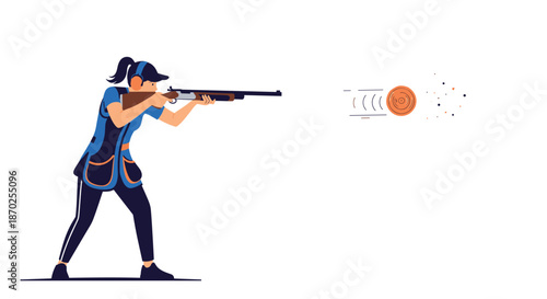 Illustration of a female athlete engaged in skeet shooting, aiming a shotgun at a clay pigeon target in mid-air.