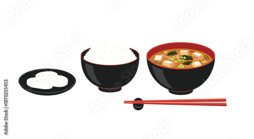 Simple and traditional Japanese meal set featuring a bowl of white rice, a bowl of miso soup, and a side of pickles.