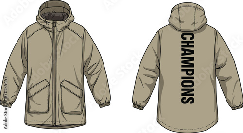Khaki hooded parka jacket vector illustration front and back view modern winter outerwear design with champions branding typography apparel mockup