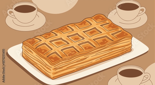 Cozy and warm illustration of a freshly baked lattice-top apple pie or pastry on a plate surrounded by cups of hot coffee.