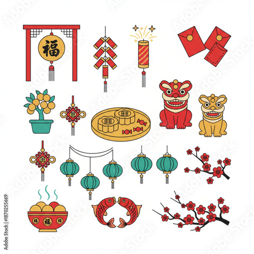Vibrant collection of line art icons depicting traditional symbols and elements of Chinese New Year and Lunar Festival celebrations, perfect for cultural design projects and festive greetings