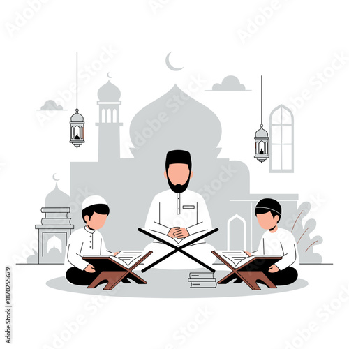 Father teaching children to read Quran at home