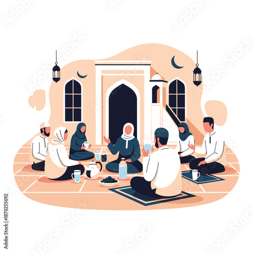 Muslim community gathering for iftar meal in modern mosque