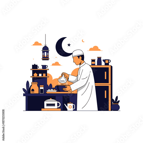 Man in white robes preparing traditional Ramadan iftar meal