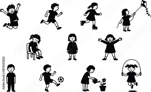 Children activity silhouette illustration, playful black design, kite flying, soccer, skipping, watering plant, joyful movement, cartoon-style childhood concept