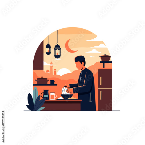 Man preparing iftar meal in modern kitchen with Ramadan decorations