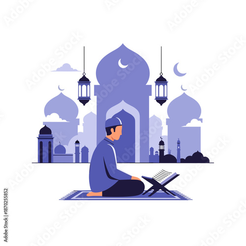 Man reading Quran in peaceful mosque at night with crescent moon