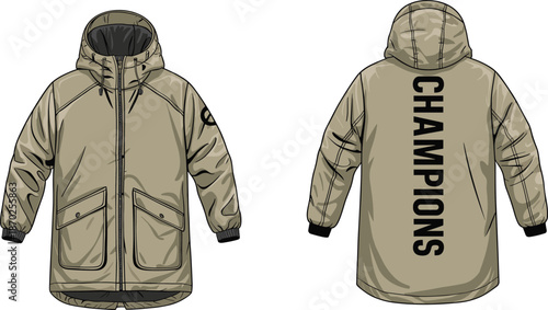 Khaki hooded winter parka vector illustration front and back view modern insulated outerwear design with champions branding typography mockup apparel