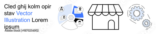 Small business, teamwork, collaboration, productivity, network, commerce. A storefront icon with connected people and gears. Small business and teamwork are key