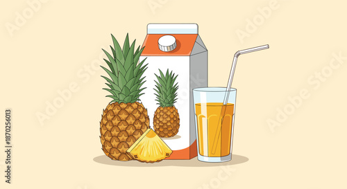 Refreshing illustration of a carton of pineapple juice next to a glass with a straw, accompanied by a whole and sliced pineapple.