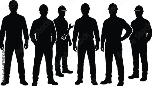 Construction worker silhouette illustration, black design of industrial team with hard hats, wrench tool pose, labor workforce concept
