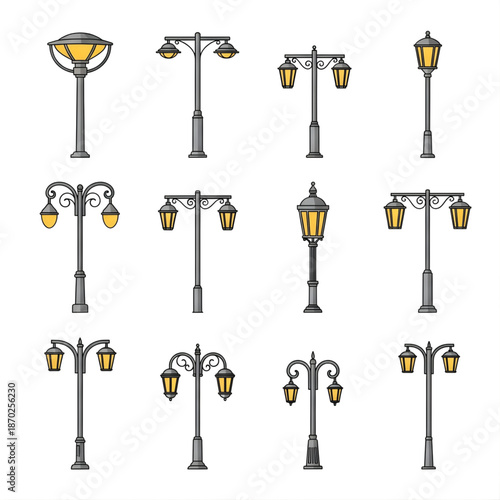 Illustrated set of diverse street lamps and lampposts, showcasing a variety of vintage and modern outdoor lighting designs.