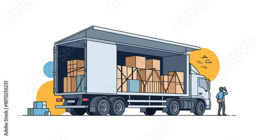 Illustration of a large cargo truck with its side door open, being loaded with boxes and freight by a worker.