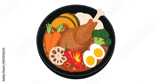 A hearty and colorful bowl of Japanese soup curry, topped with chicken, pumpkin, carrots, broccoli, and a boiled egg.