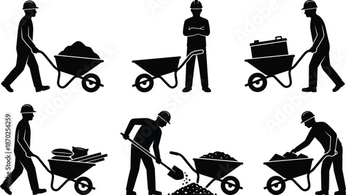 Construction worker silhouettes, wheelbarrow labor, building site tasks, manual work poses, industrial workforce, construction tools, job activity icons