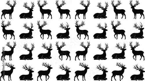 Deer silhouette icons set, stag buck antlers poses, wildlife forest animal black vector illustration collection
