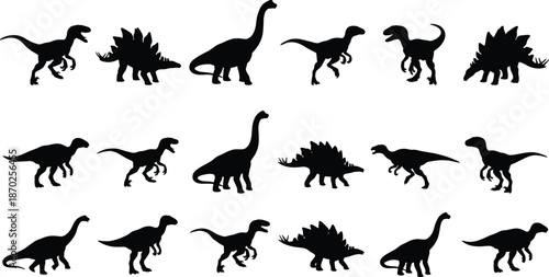 Dinosaur silhouettes set, prehistoric animals collection, tyrannosaurus stegosaurus brachiosaurus velociraptor shapes, black vector illustration