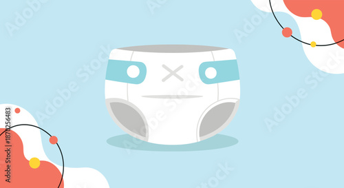 Simple and cute icon of a clean white baby diaper with blue tabs, set against a colorful and modern abstract background.