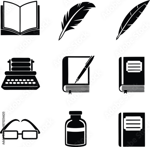 Book, feather, pen, write, ink, paper, education, study, literature, reading, typewriter, vintage, glasses, author, poet