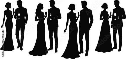 Elegant couple silhouettes, formal evening conversation, men women holding champagne, luxury party lifestyle, romantic social event, celebration illustration, nightlife concept