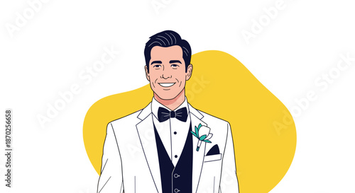 Handsome smiling groom in a stylish white tuxedo jacket, black vest, and bow tie for a wedding ceremony celebration.